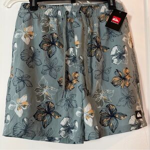 Quiksilver Sage Green Black, White and Mustard Hibiscus-Style Floral Swim Trunks